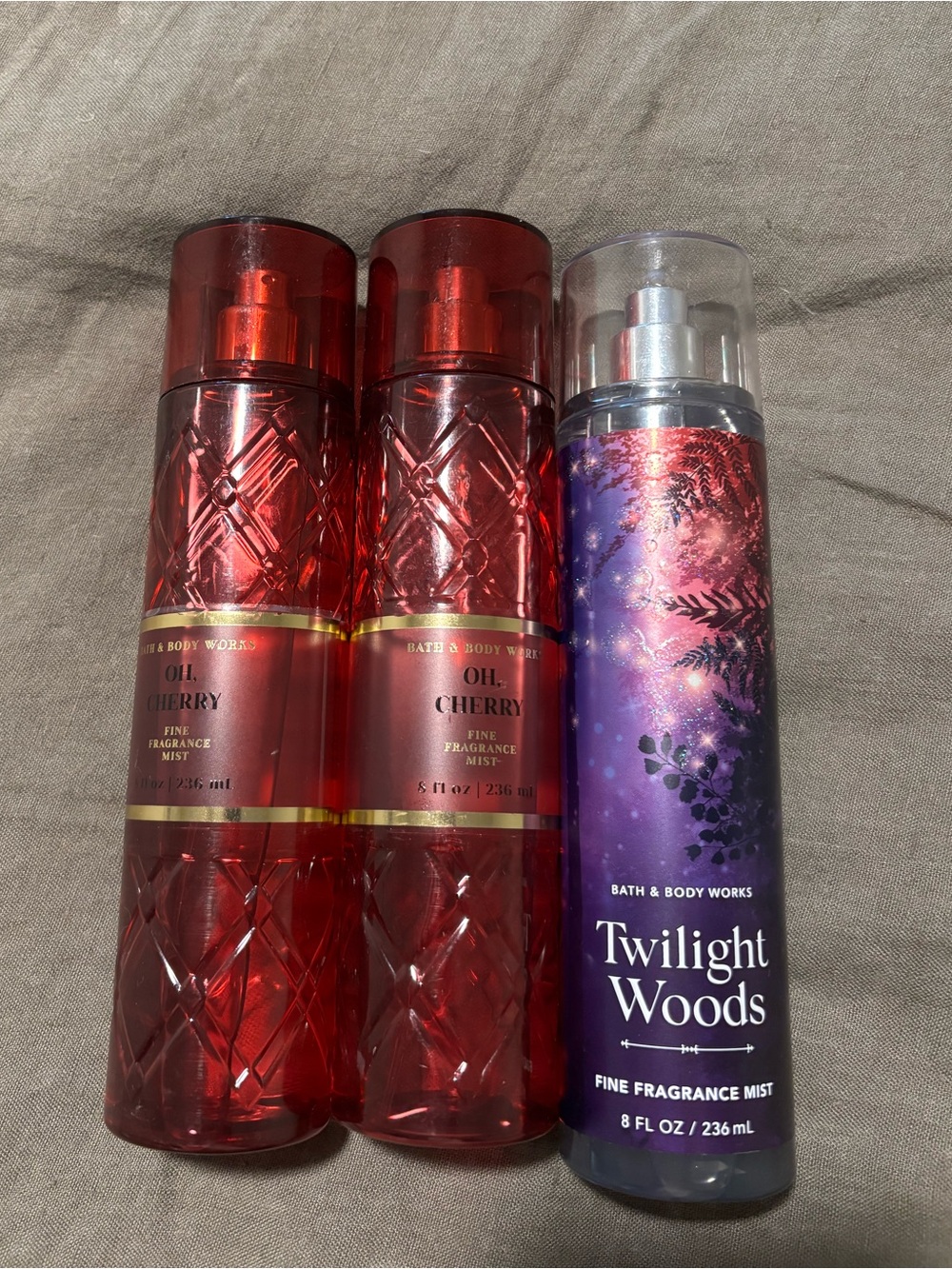 Lot of bath and body works sprays (3 almost full)- twilight woods, 2x oh cherry